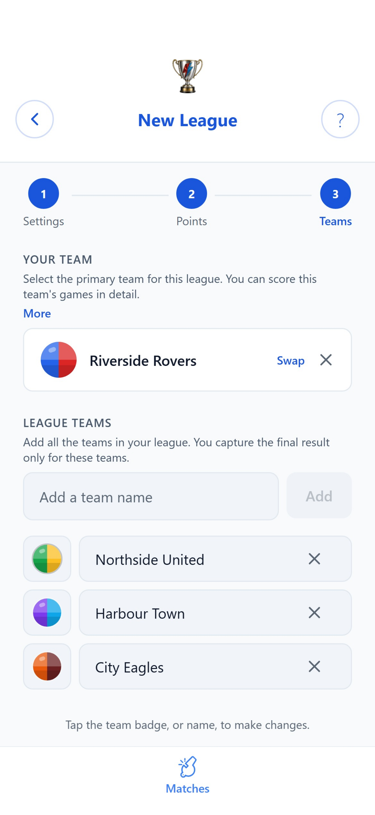 Setting up a league: your team and three opponents