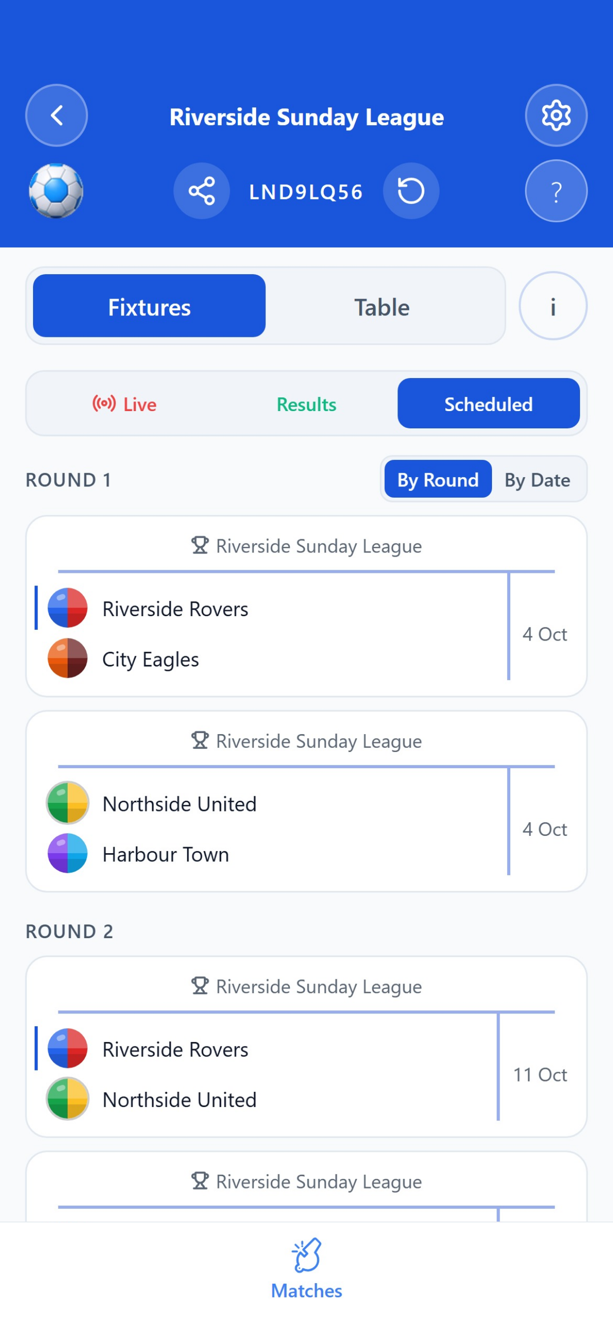 League fixtures scheduled round by round