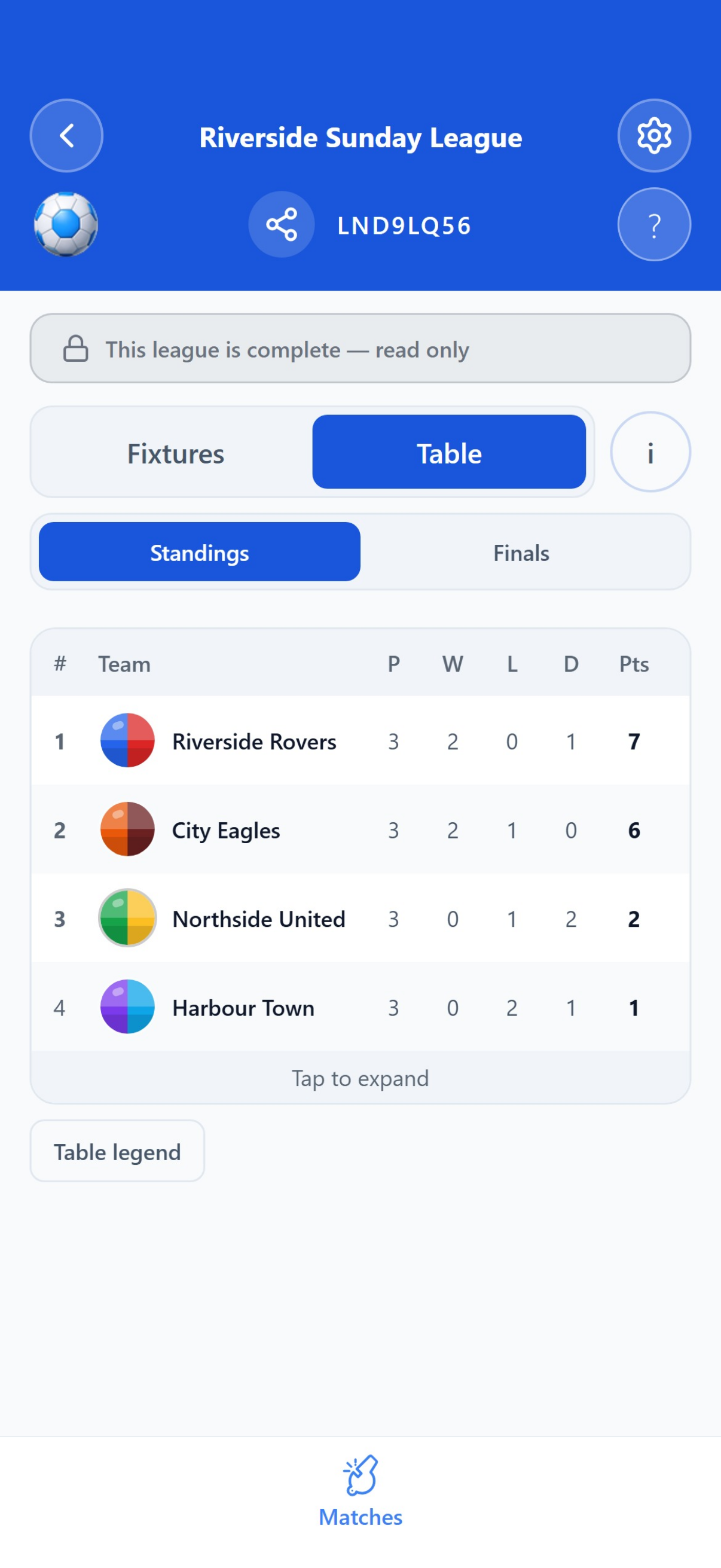 League table with played, won, lost, drawn and points