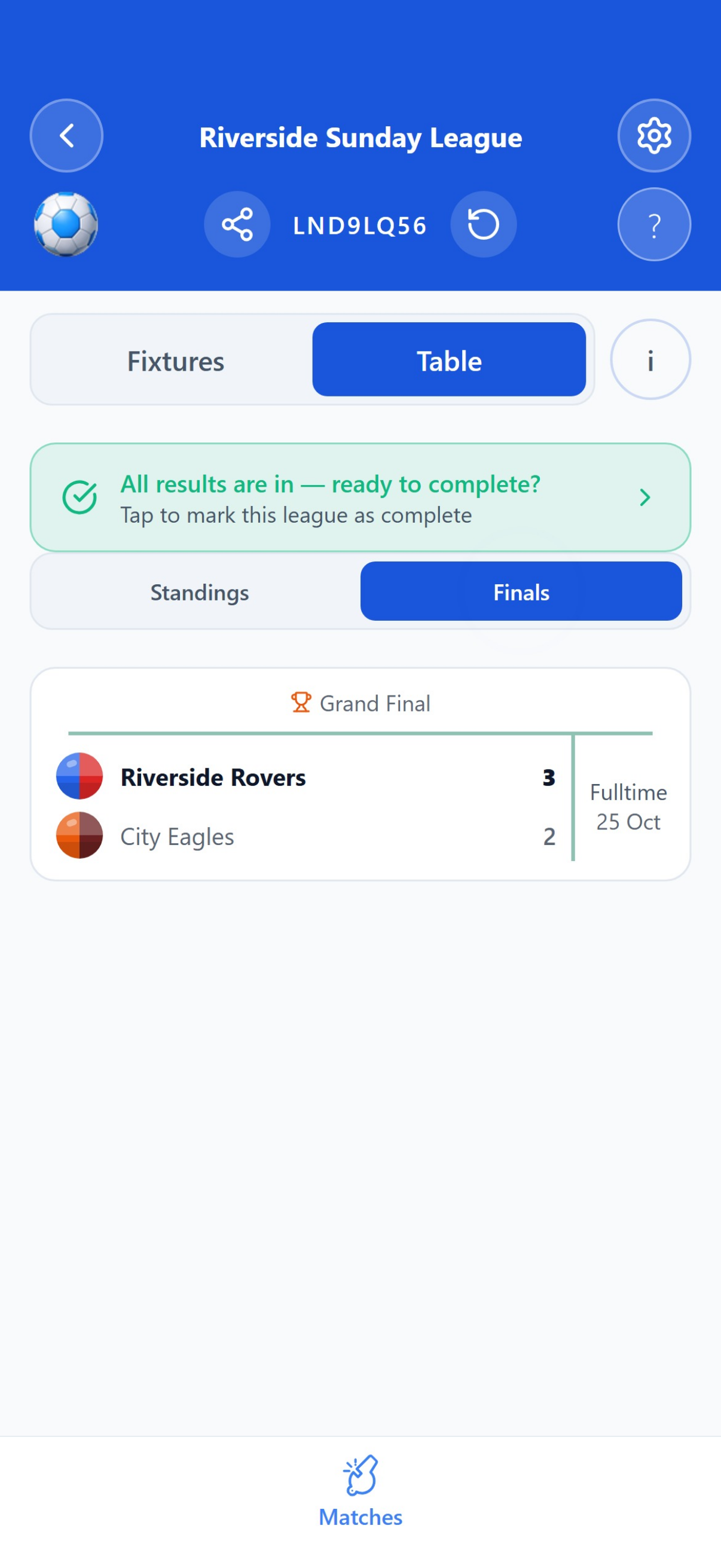 Finals tab showing the Grand Final result